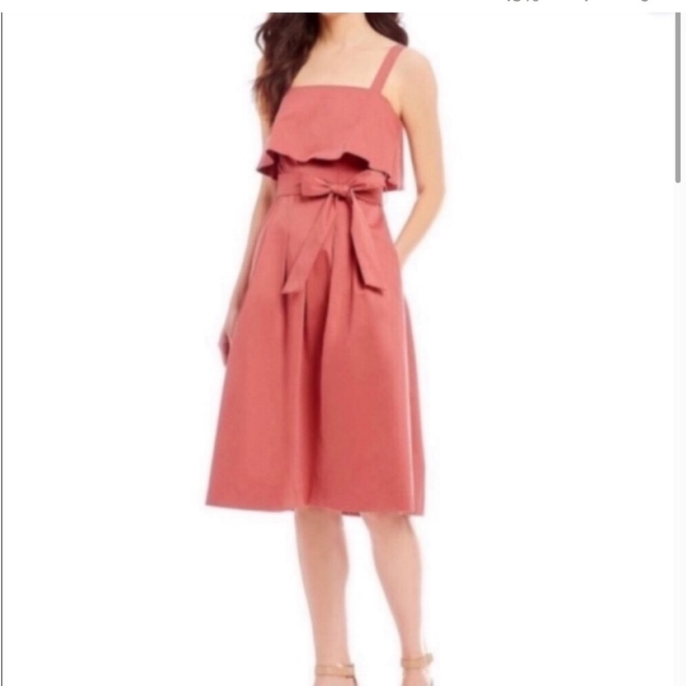 Antonio Melani Cristo Deep Coral Ruffle Dress with belted tie waist